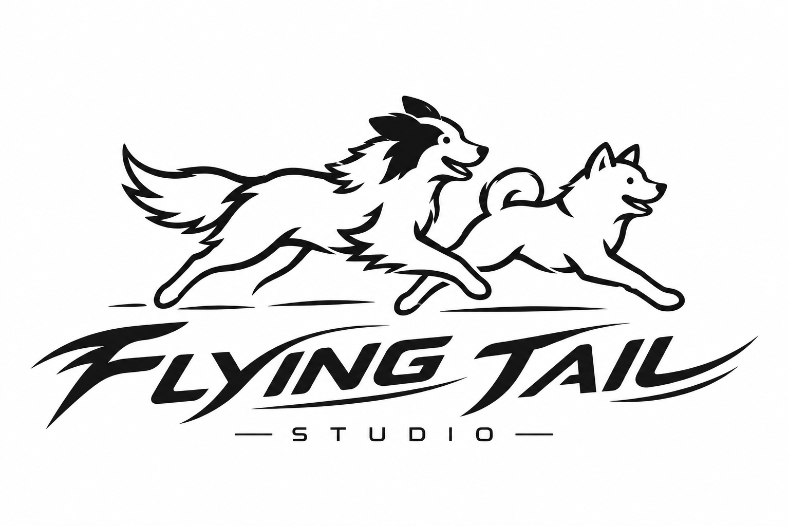 Flying Tail Studio Logo：奔跑的牧羊犬與柴犬